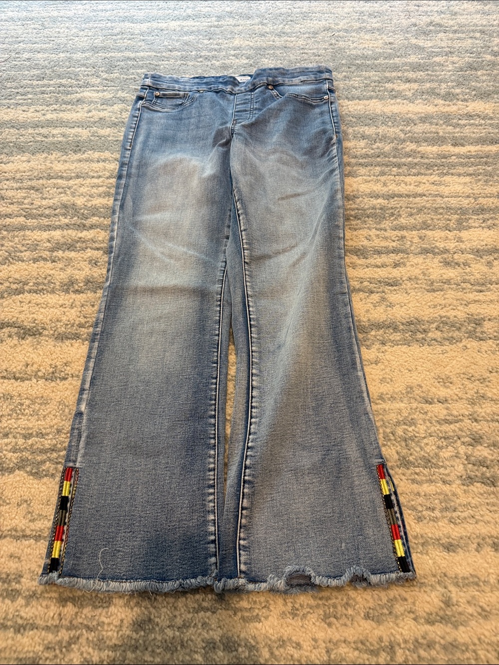 Tribal Blue Denim Flare Jeans with Beaded Hem Detail